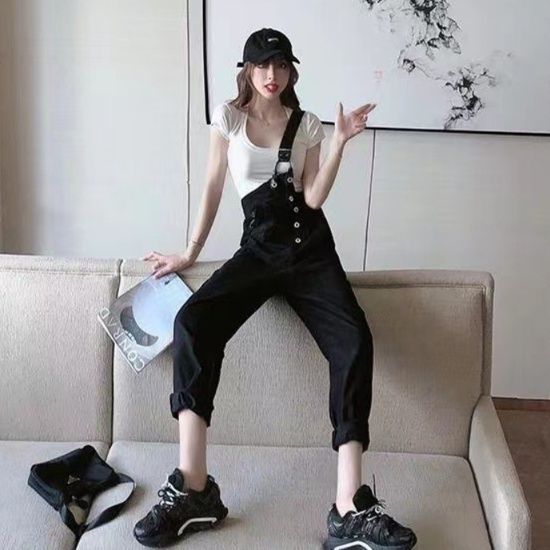 サロペット ダブルボタン付きハイウエストサロペット