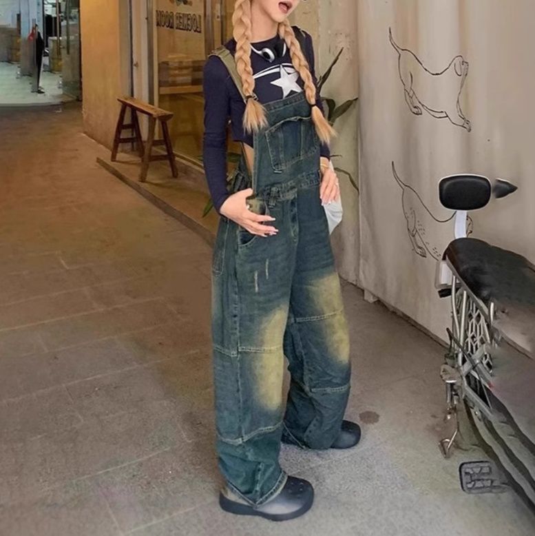 サロペット ヴィンテージ加工パッチワークデニムサロペット