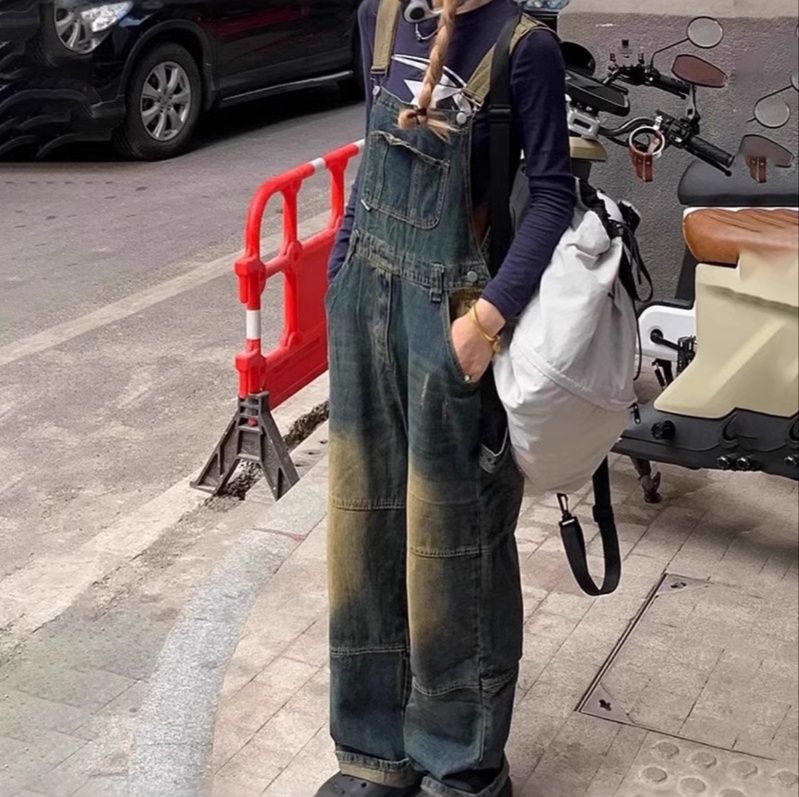 サロペット ヴィンテージ加工パッチワークデニムサロペット