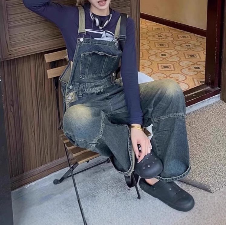 サロペット ヴィンテージ加工パッチワークデニムサロペット