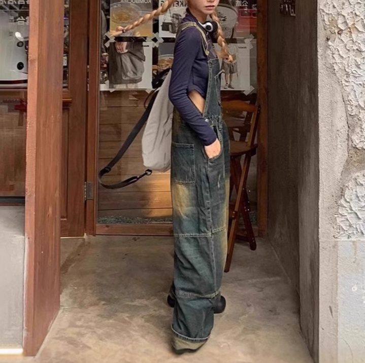 サロペット ヴィンテージ加工パッチワークデニムサロペット