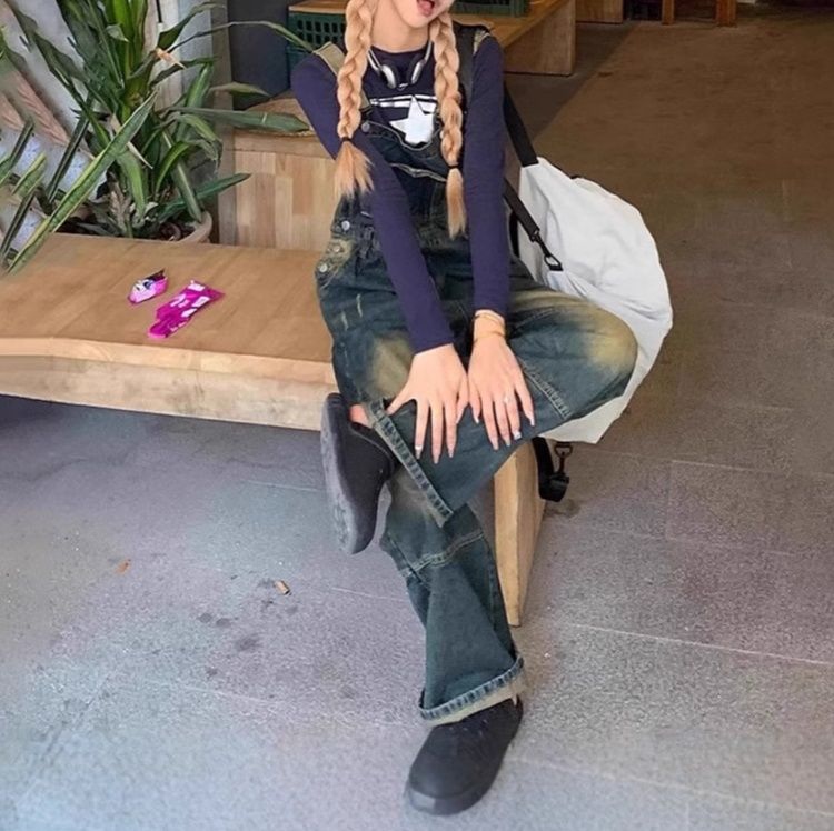 サロペット ヴィンテージ加工パッチワークデニムサロペット