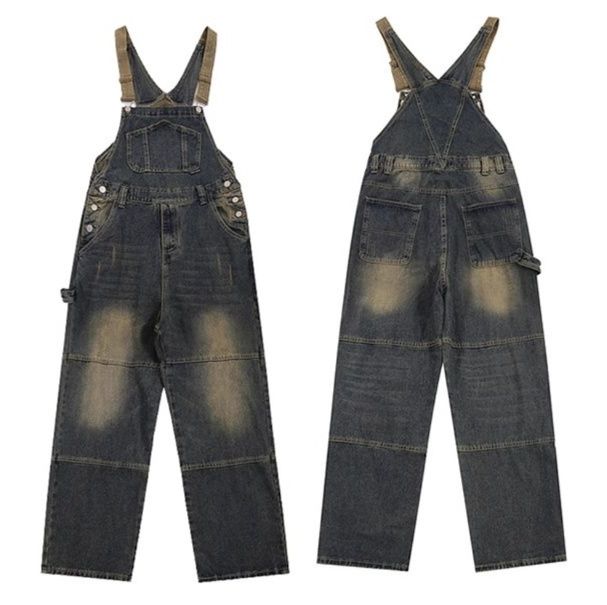 サロペット ヴィンテージ加工パッチワークデニムサロペット