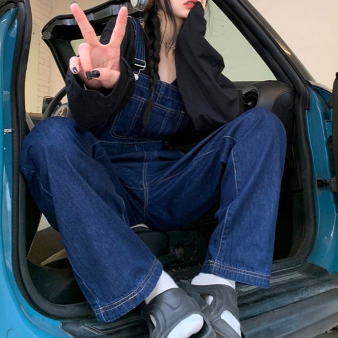 サロペット デニム素材ワイドシルエットサロペット