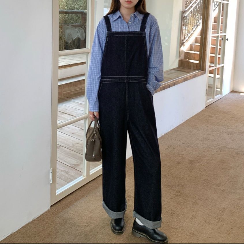 サロペット 配色ステッチカジュアルデニムオーバーオール