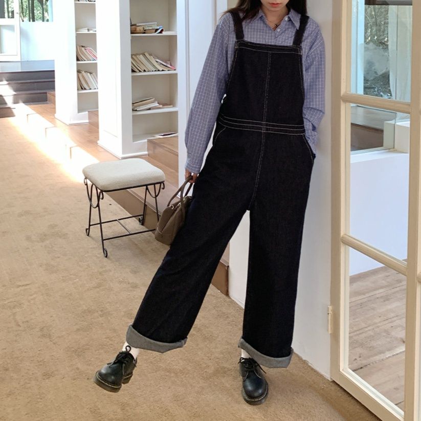 サロペット 配色ステッチカジュアルデニムオーバーオール