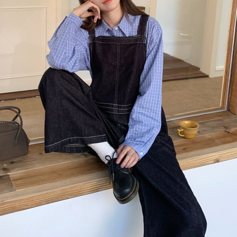 サロペット 配色ステッチカジュアルデニムオーバーオール