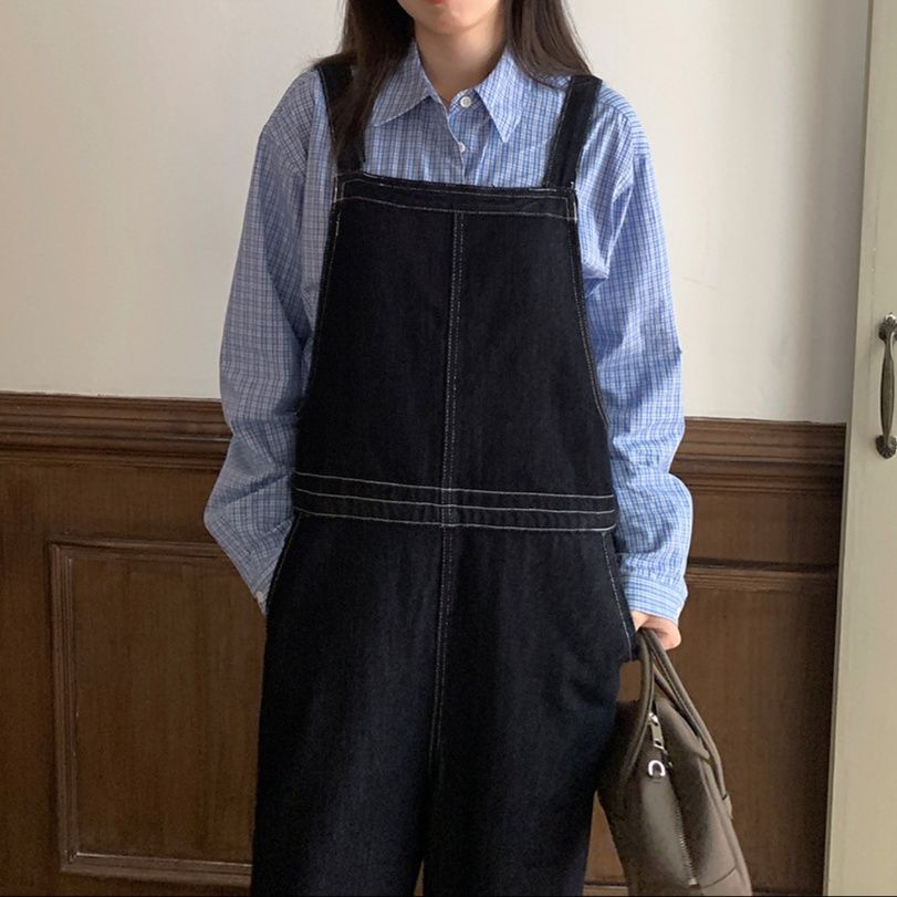 サロペット 配色ステッチカジュアルデニムオーバーオール