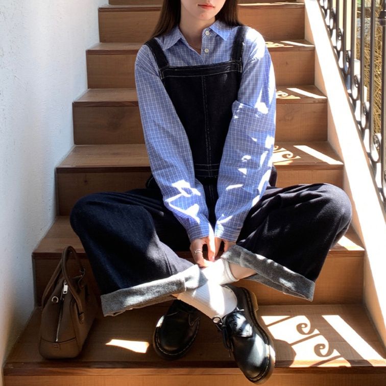 サロペット 配色ステッチカジュアルデニムオーバーオール