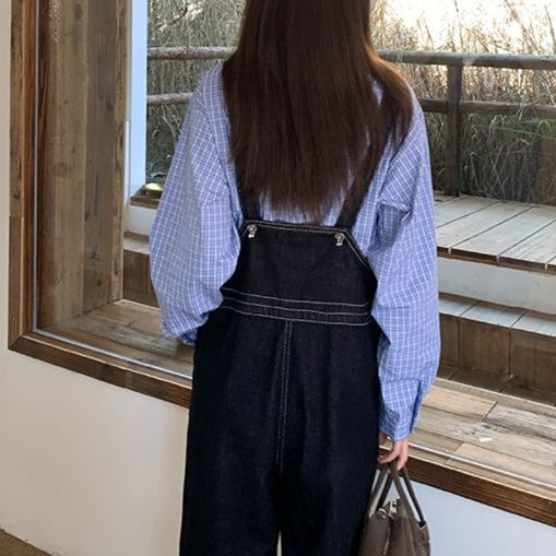サロペット 配色ステッチカジュアルデニムオーバーオール