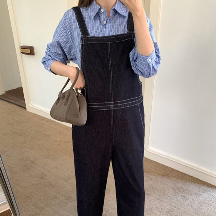 サロペット 配色ステッチカジュアルデニムオーバーオール