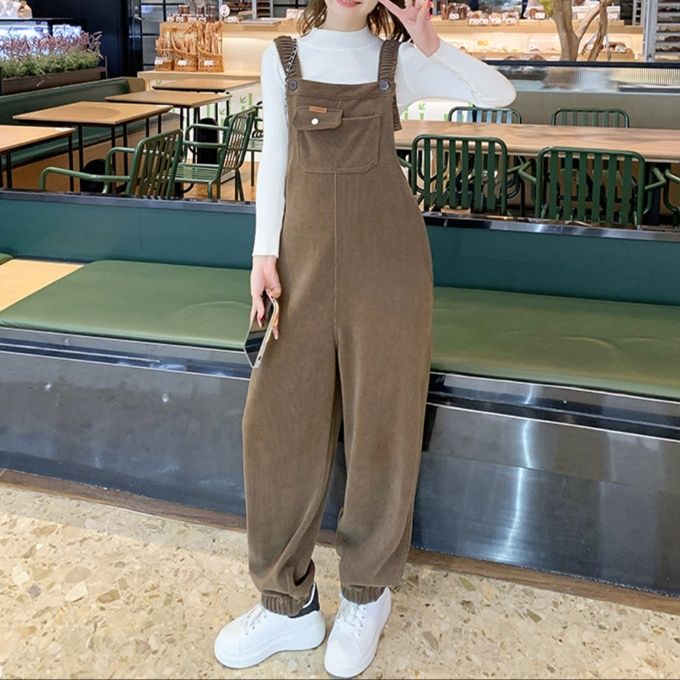 サロペット 裾リブゴムワイドシルエット胸ポケット付きオーバーオール