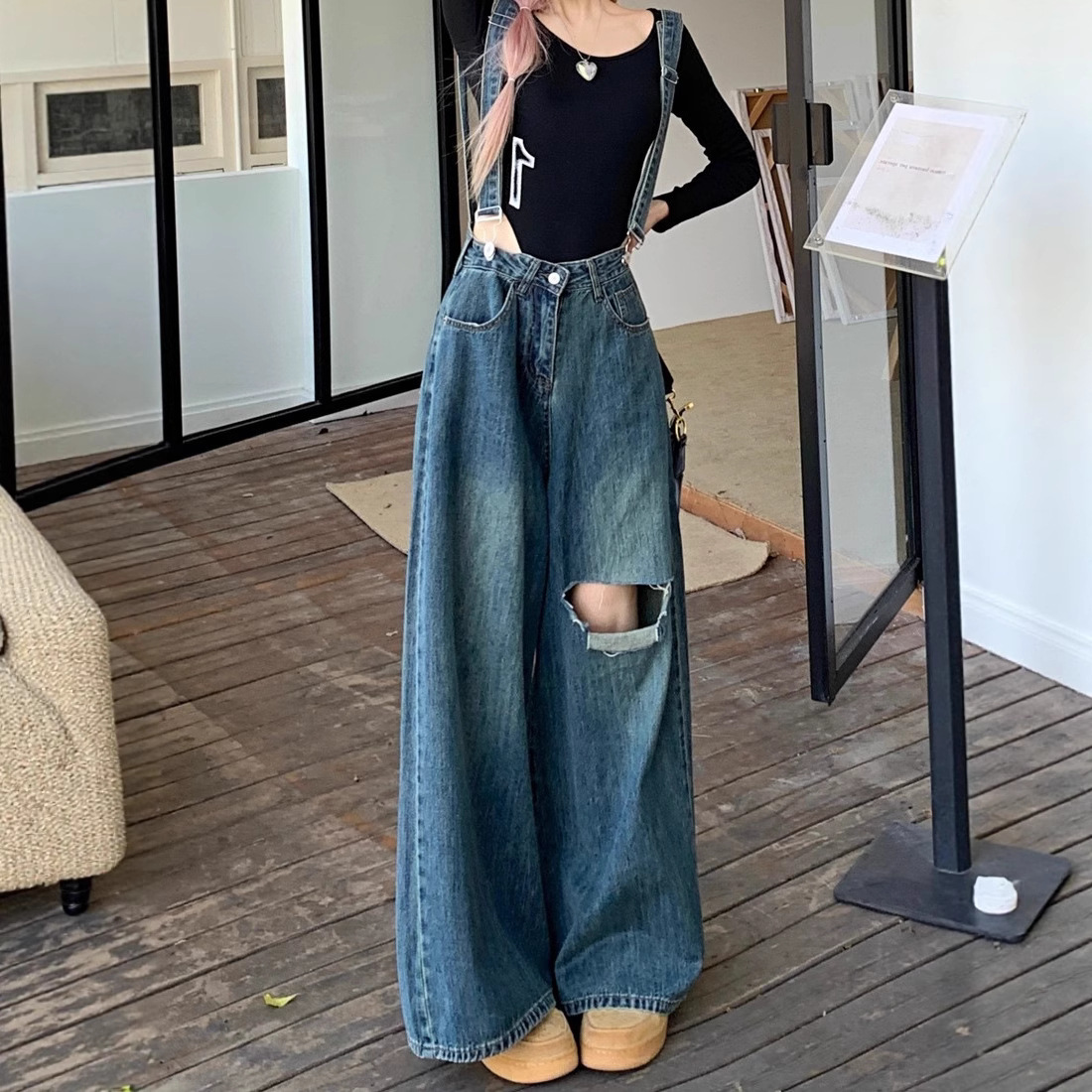 サロペット ワイドシルエットダメージ加工サロペット