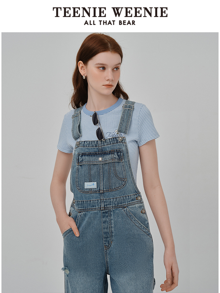 サロペットパンツ サロペット パッチワーク風リラックスデニムつなぎ