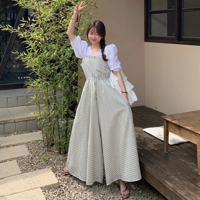 サロペット レディース チェック柄 吊りオーバーオール ワイドパンツ