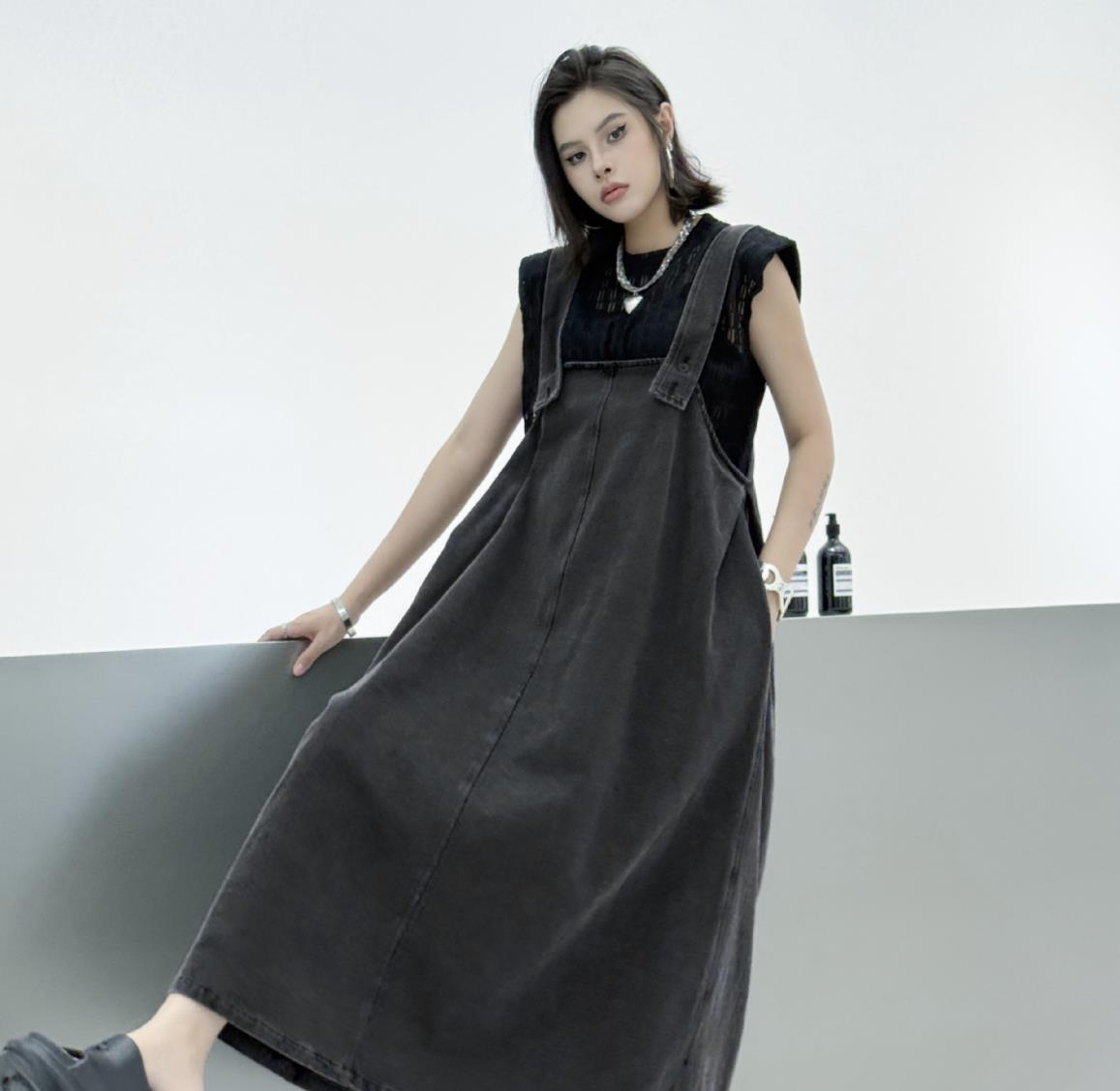 デニムサロペットワンピース ロング丈 レディース