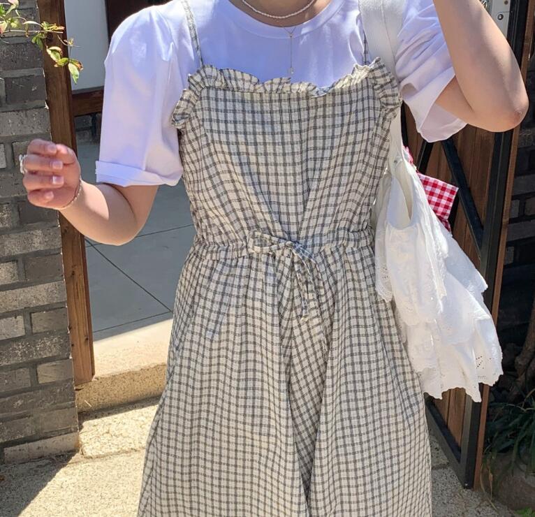 サロペット レディース チェック柄 吊りオーバーオール ワイドパンツ