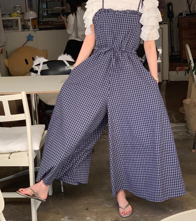サロペット レディース チェック柄 吊りオーバーオール ワイドパンツ