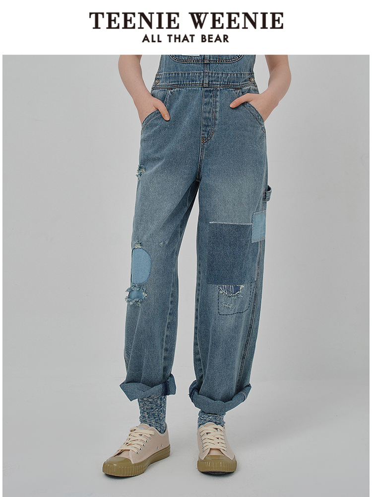 サロペットパンツ サロペット パッチワーク風リラックスデニムつなぎ