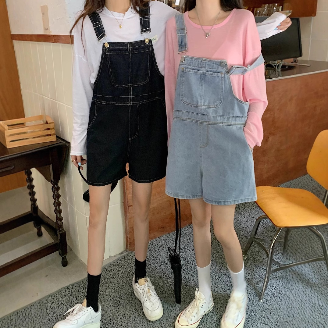 サロペット シンプル短丈デニムサロペット