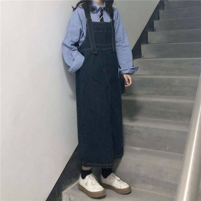 サロペット ロング丈ジャンパースカート風デニムサロペット