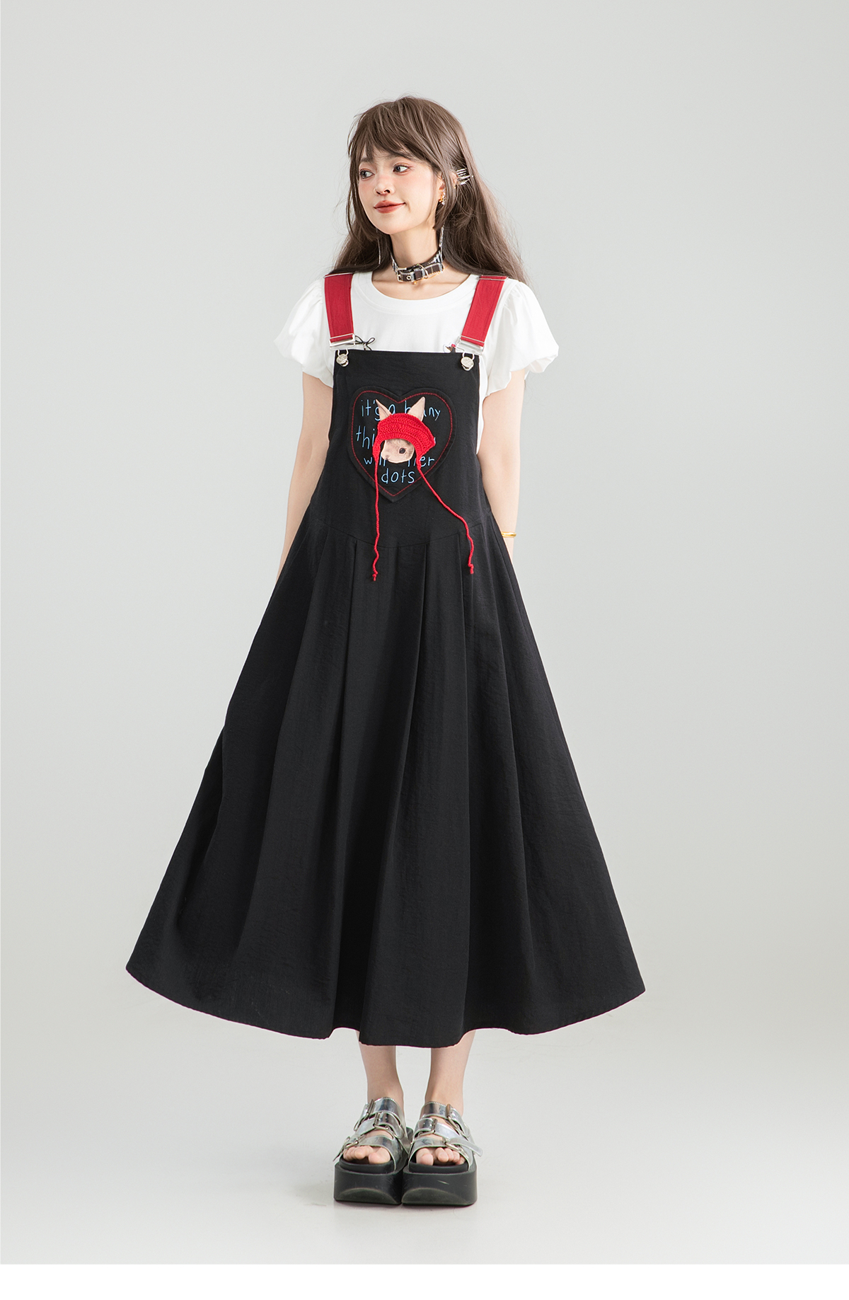 サロペット ハート刺繍フレアサロペット