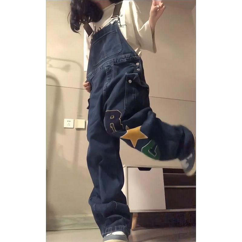 サロペットパンツ 星柄アップリケ付きワイドサロペット