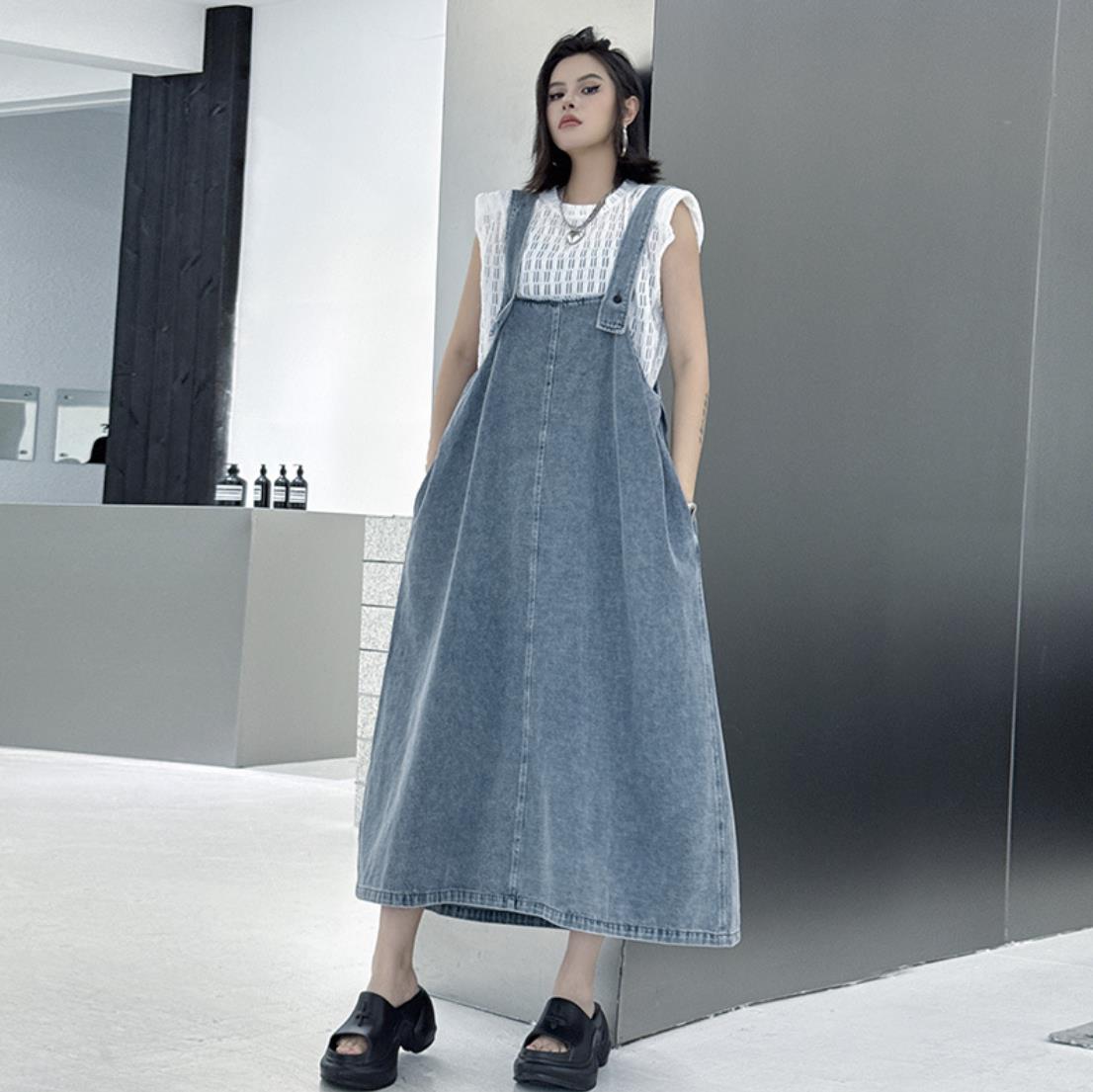 デニムサロペットワンピース ロング丈 レディース