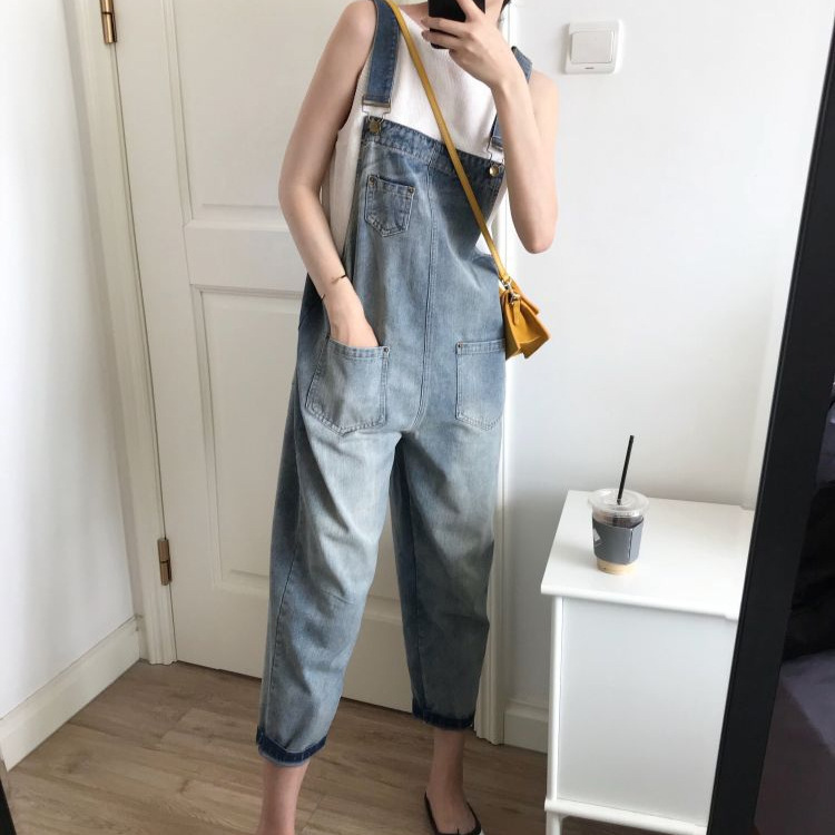 ゆったりデニムサロペット レディース 体型カバー つりズボン