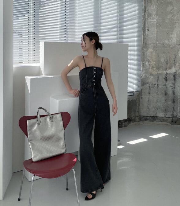 背中リボン付きデニムサロペット