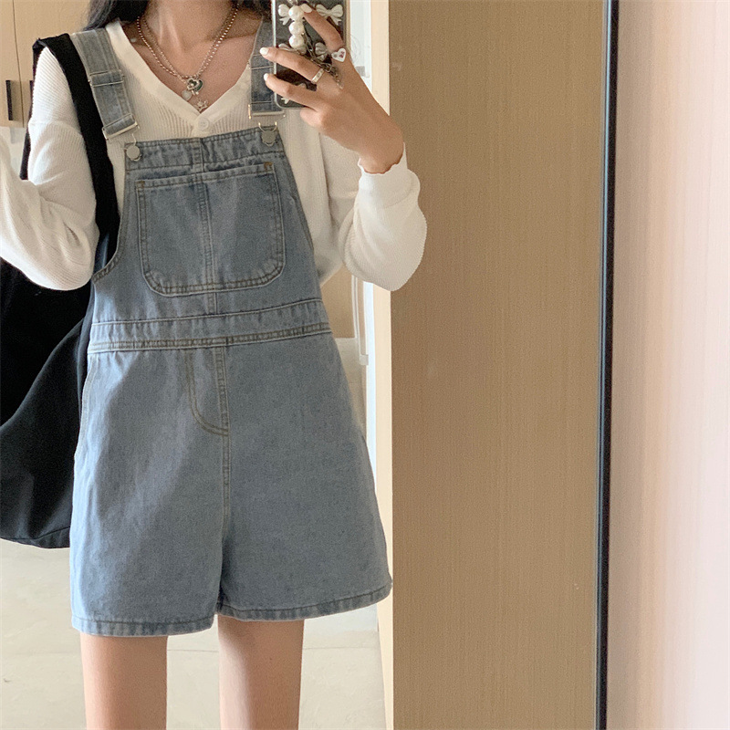 サロペット シンプル短丈デニムサロペット