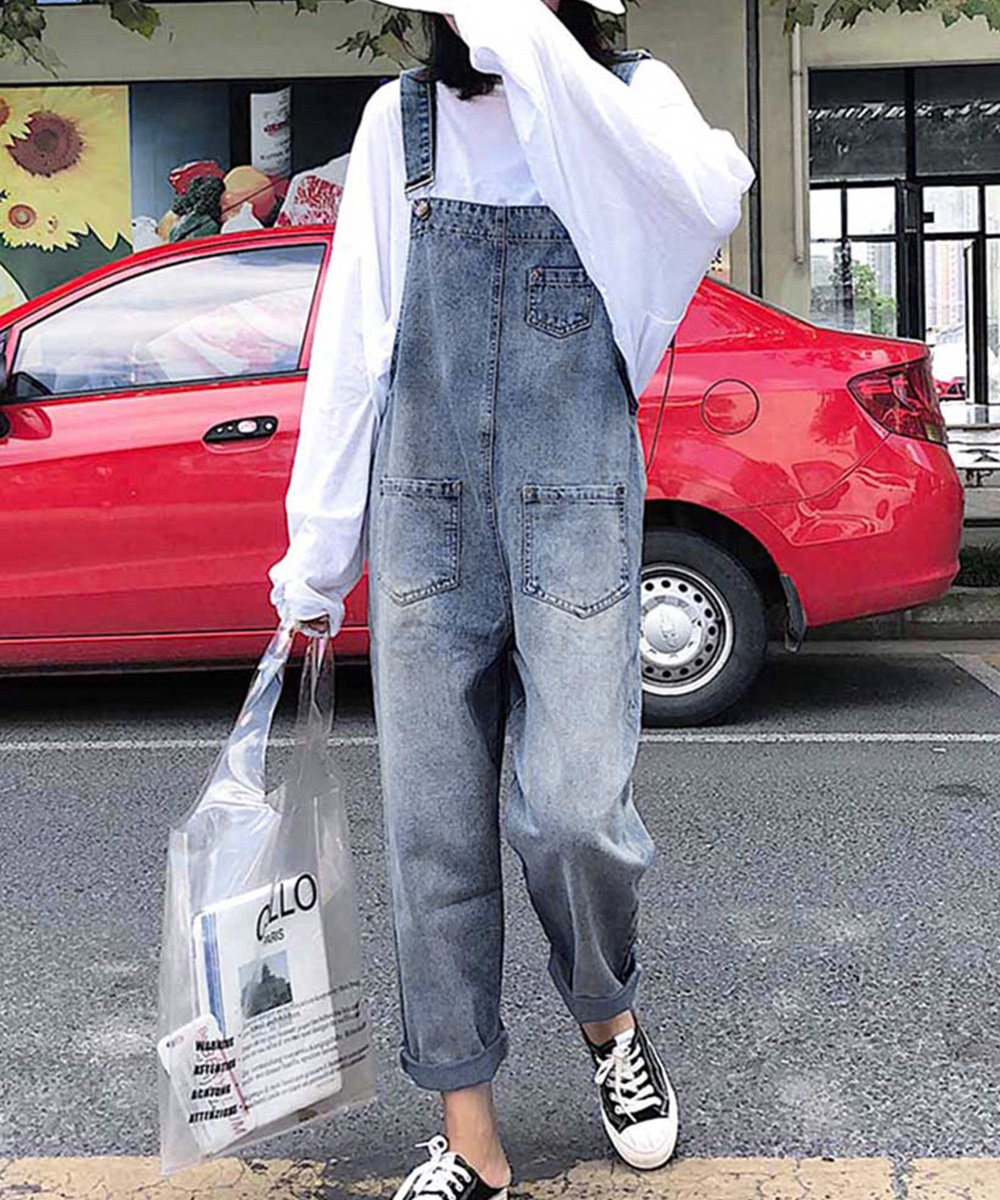 デニムサロペット ゆったりオーバーオール レディース