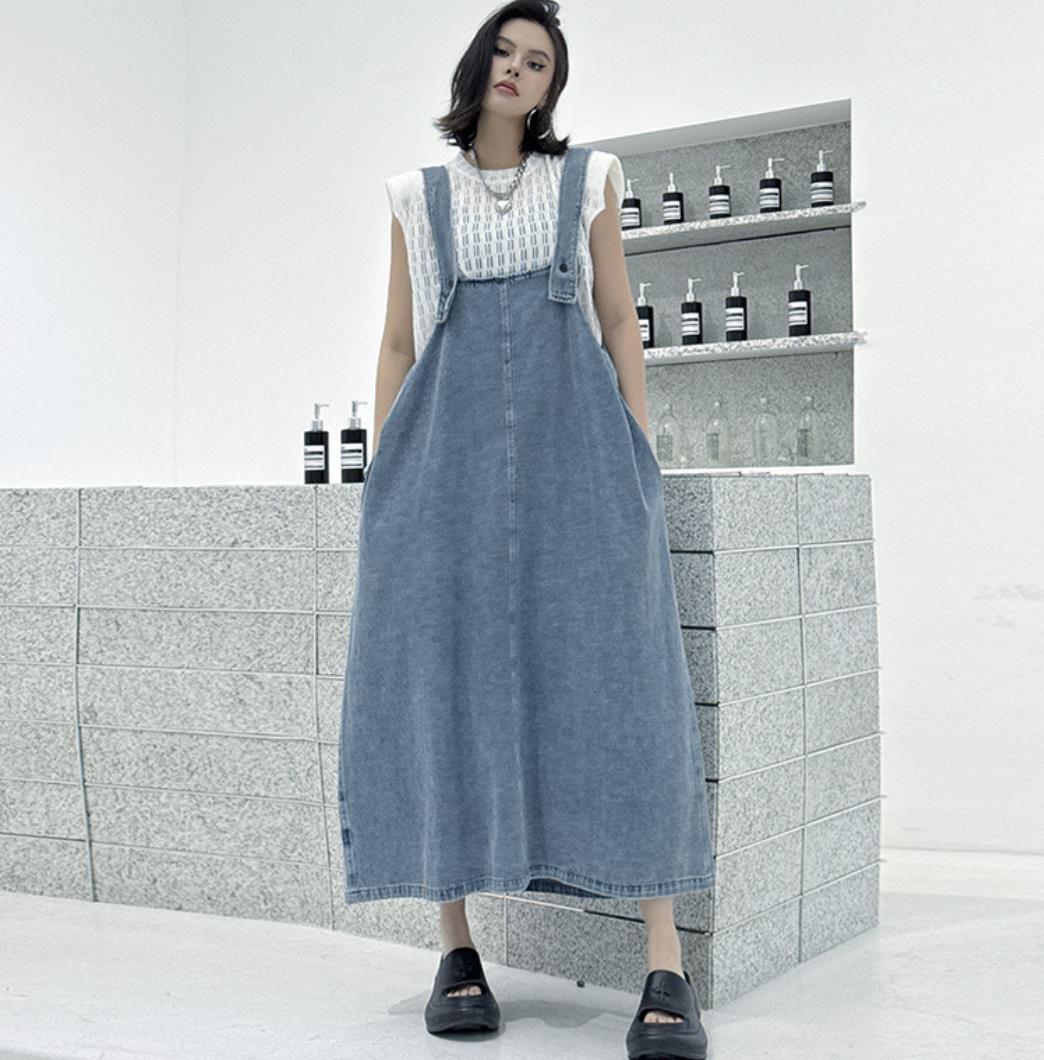 デニムサロペットワンピース ロング丈 レディース
