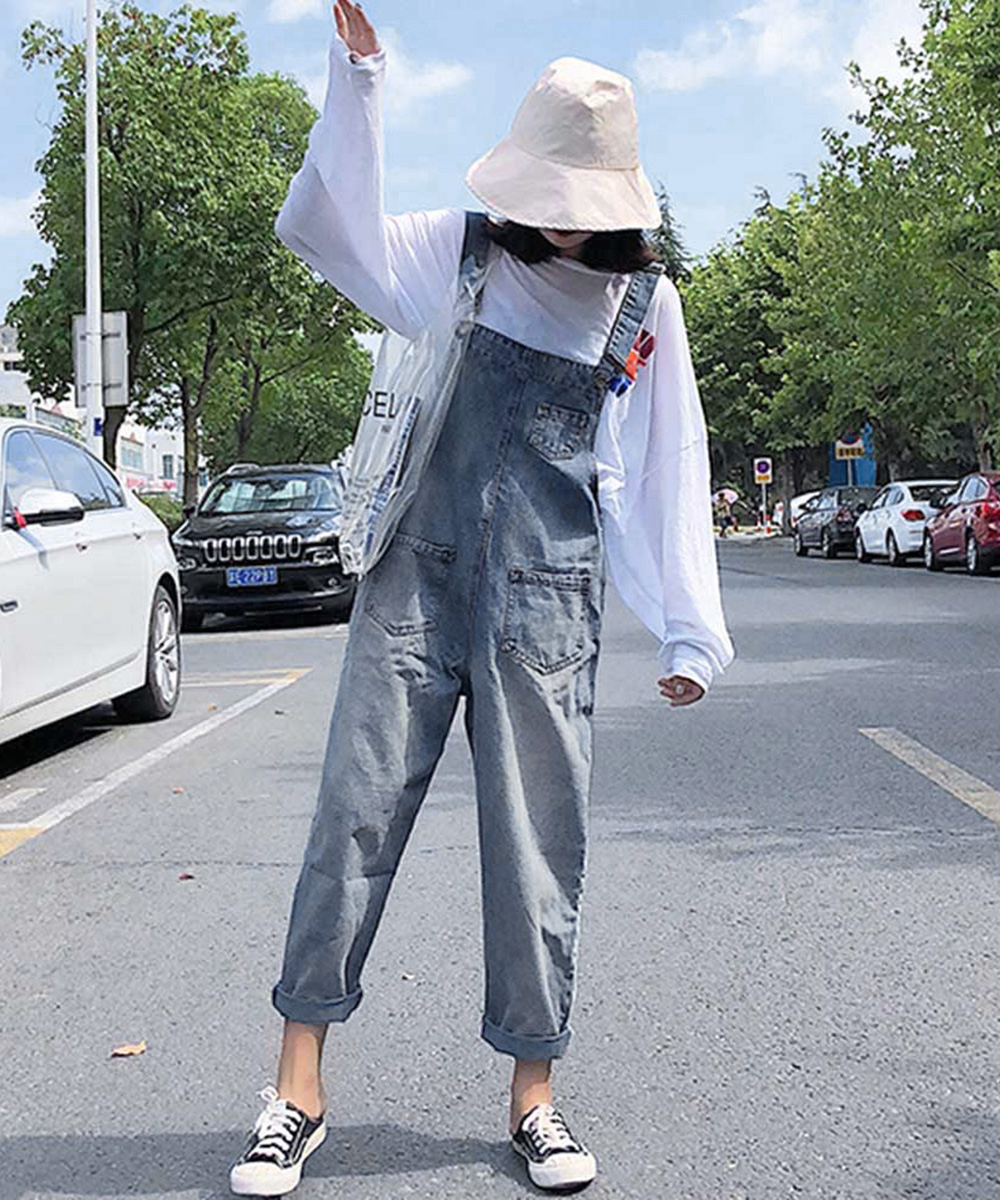 デニムサロペット ゆったりオーバーオール レディース