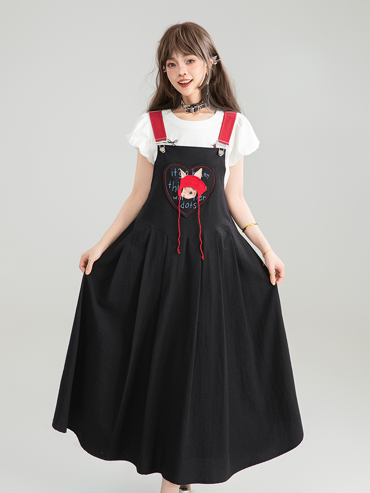 サロペット ハート刺繍フレアサロペット