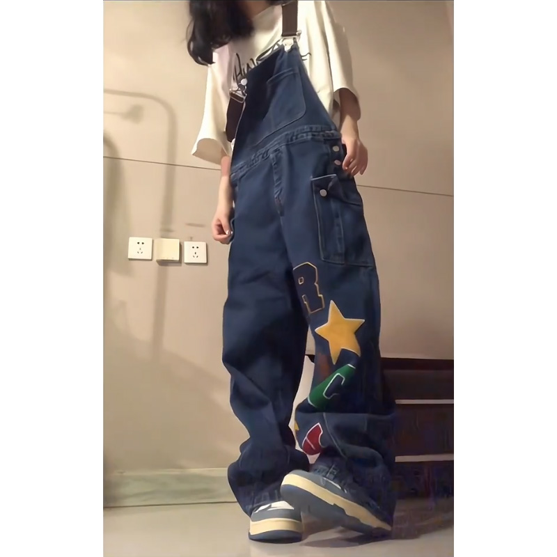 サロペットパンツ 星柄アップリケ付きワイドサロペット