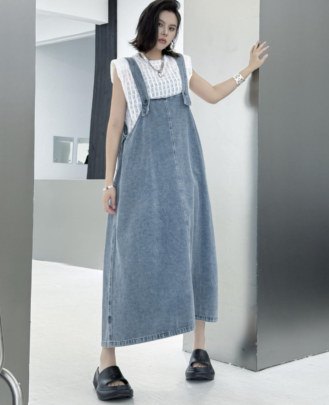 デニムサロペットワンピース ロング丈 レディース