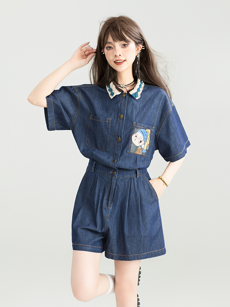 サロペット 刺繍ポケット付き半袖デニムサロペット