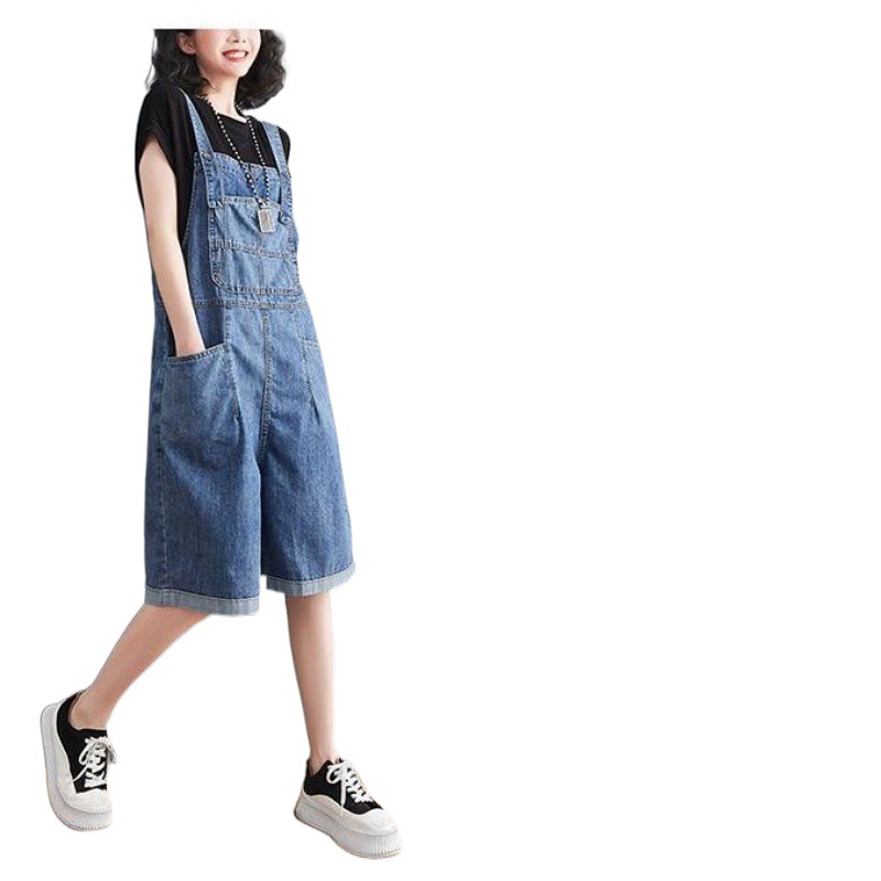 サロペット ゆったりハーフ丈デニムサロペット