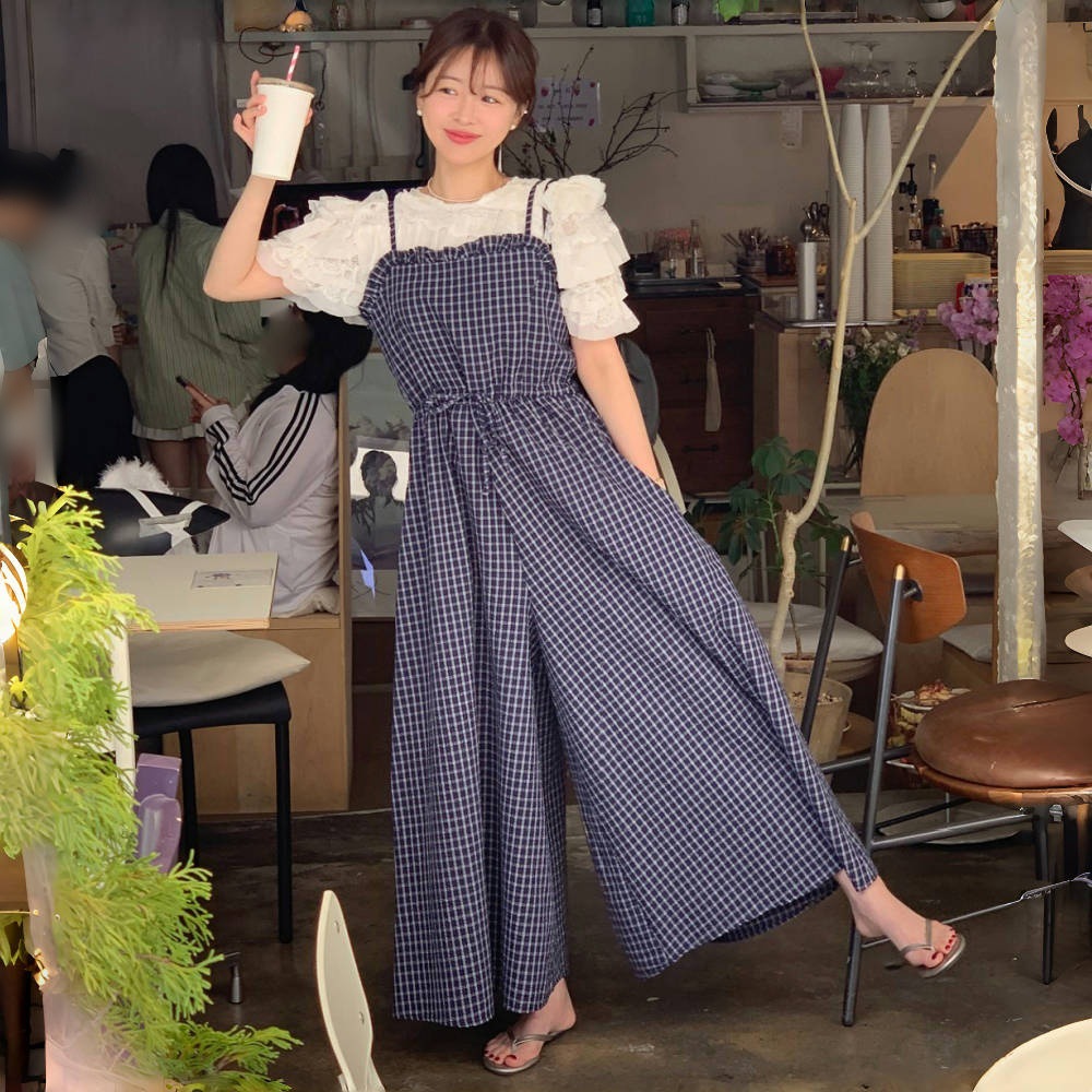 サロペット レディース チェック柄 吊りオーバーオール ワイドパンツ