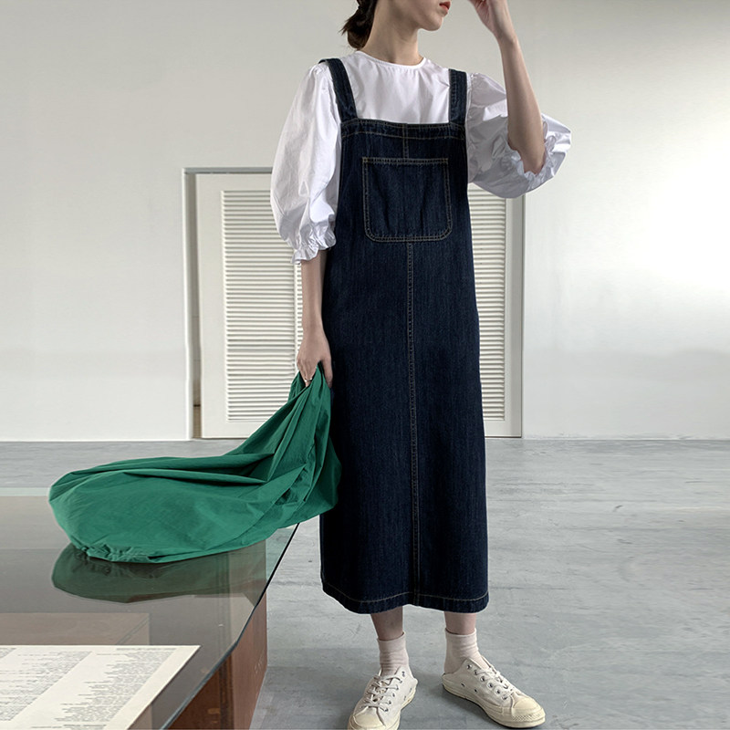 サロペット ゆったりシルエット前ポケット付きロング丈デニムサロペット