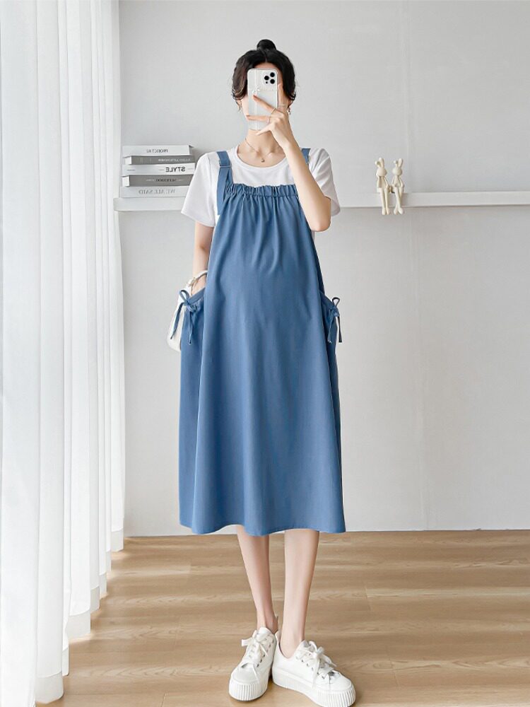 サロペット リボン付きサイドギャザーマタニティサロペット