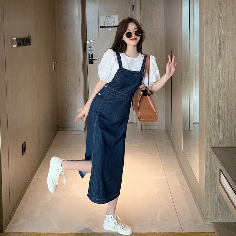 サロペット 後ろ姿美人サイドスリット入りロング丈サロペット