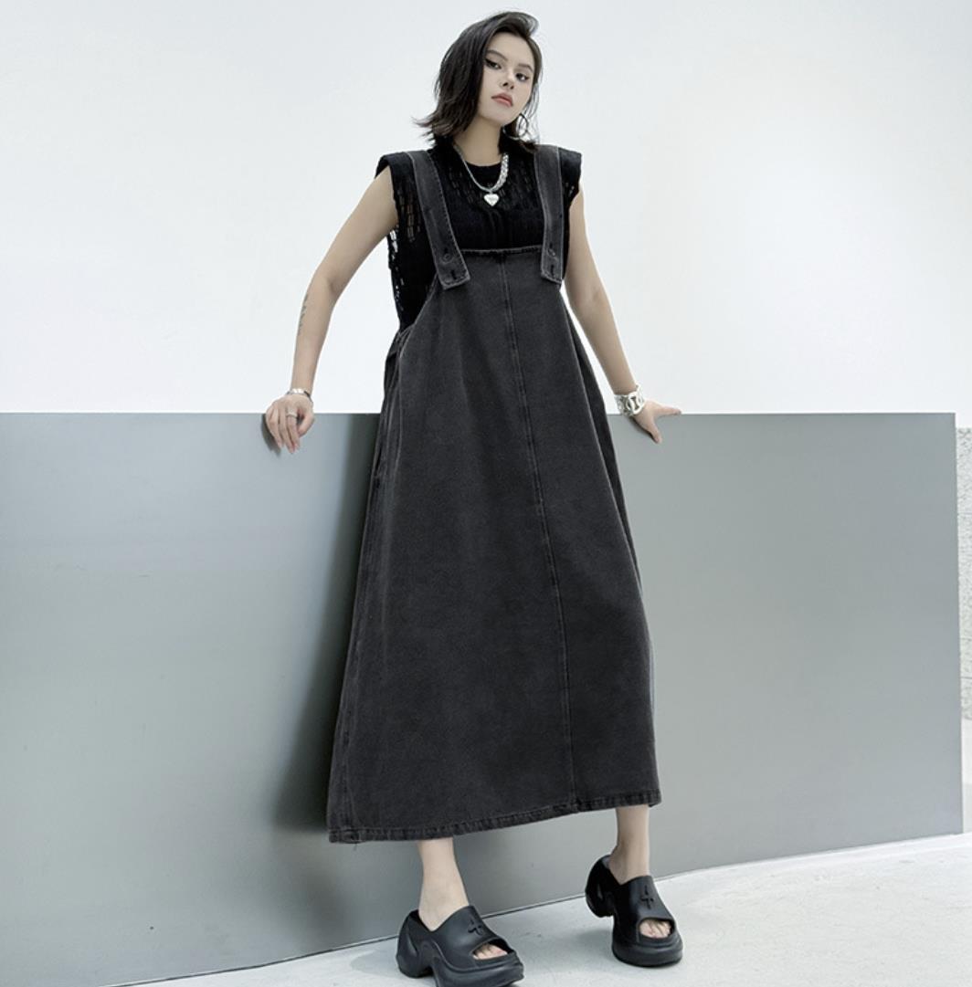 デニムサロペットワンピース ロング丈 レディース