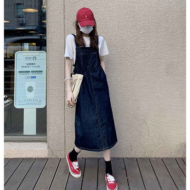 サロペット ゆったりシルエットデニムロングワンピースサロペット