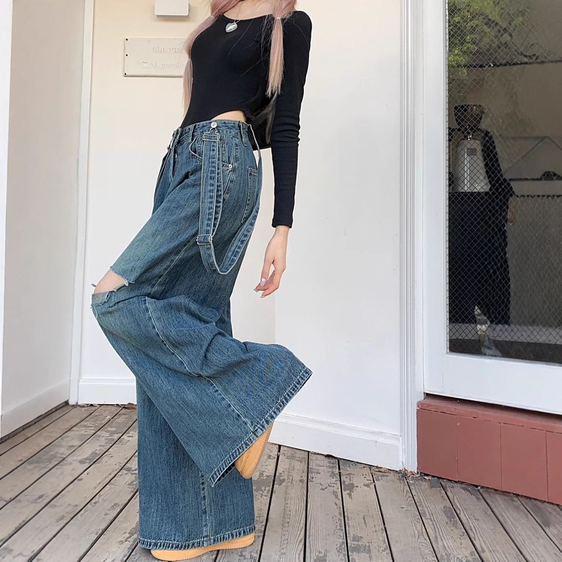 サロペット ワイドシルエットダメージ加工サロペット