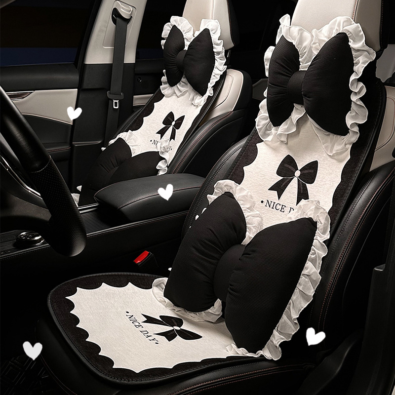 車シートカバー 大きなリボンモチーフ付きフリル装飾運転席用シートカバー