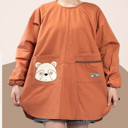 保育士エプロン クマ刺繍ポケット付き長袖割烹着エプロン