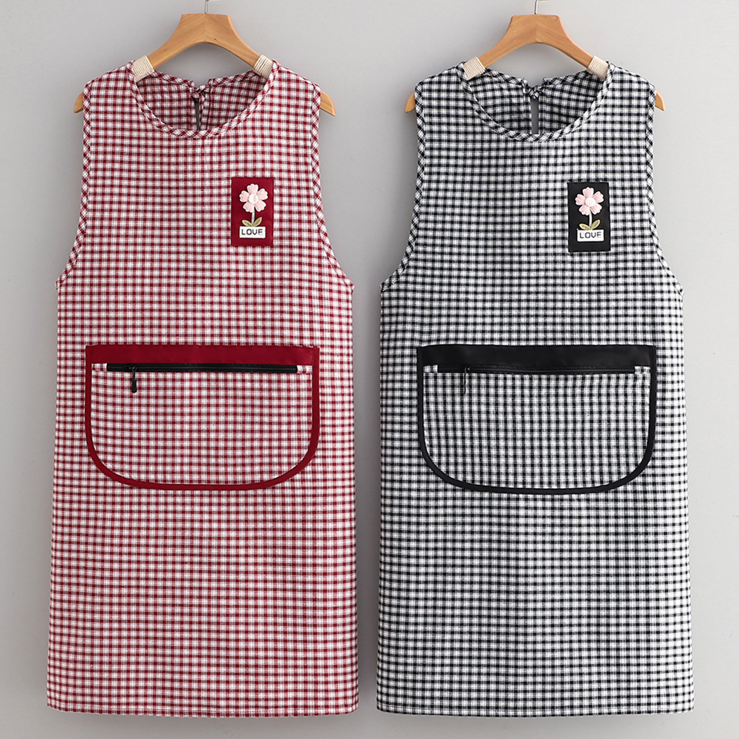 保育士エプロン 花刺繍チェック柄ジッパーポケット保育士エプロン