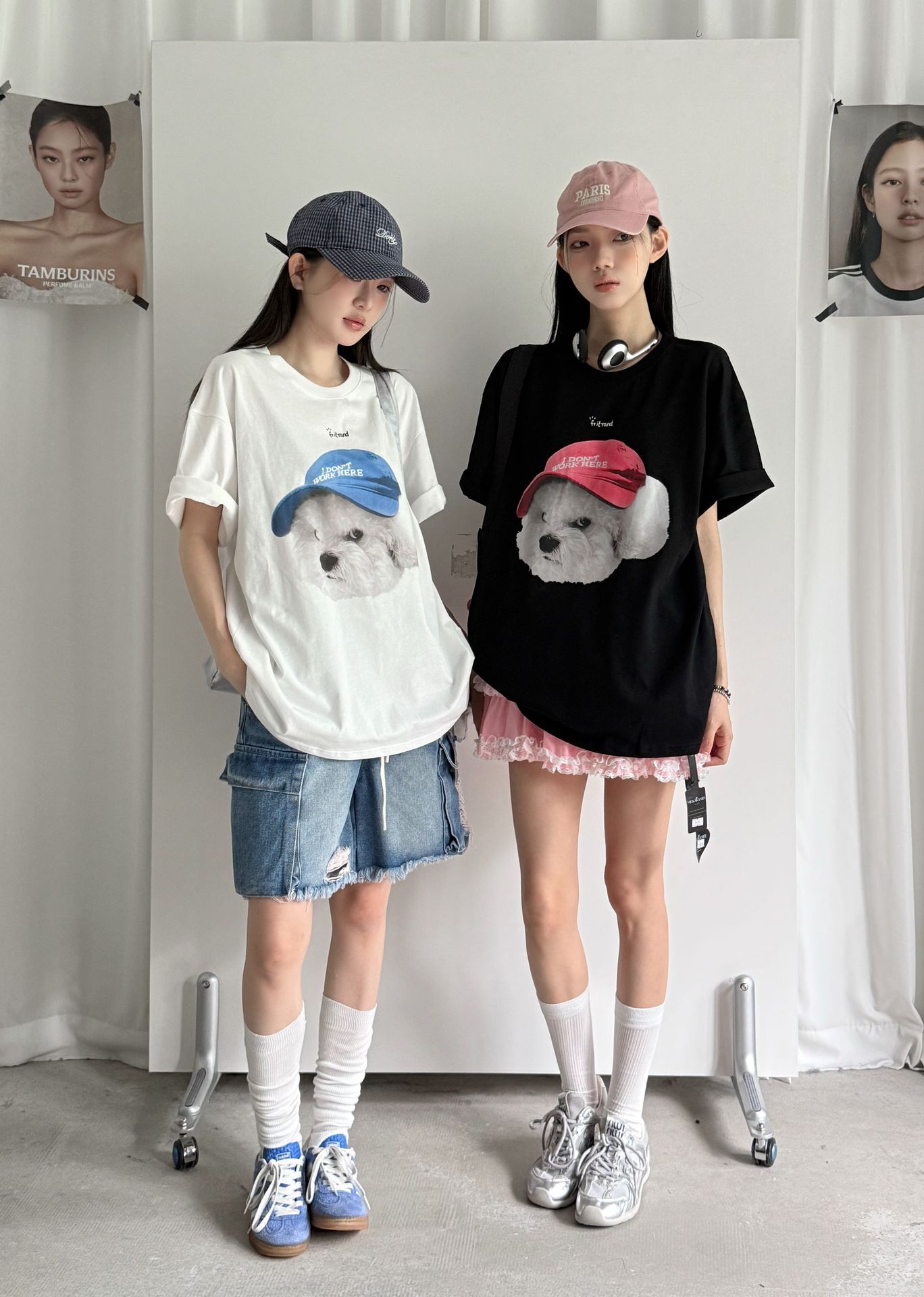 韓国ファッション キャップ犬プリント半袖Tシャツ